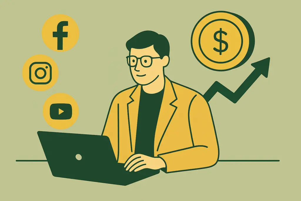 Illustration of a consultant using a laptop, surrounded by social media icons (Facebook, Instagram, YouTube), a dollar sign coin, and an upward arrow symbolizing business growth. Designed in a minimalist style with green and mustard yellow tones.